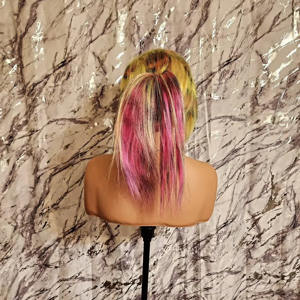 Yellow & Pink Scene 28 Inch Wig, 13x6 Lace Front Cheetah, Zebra Print